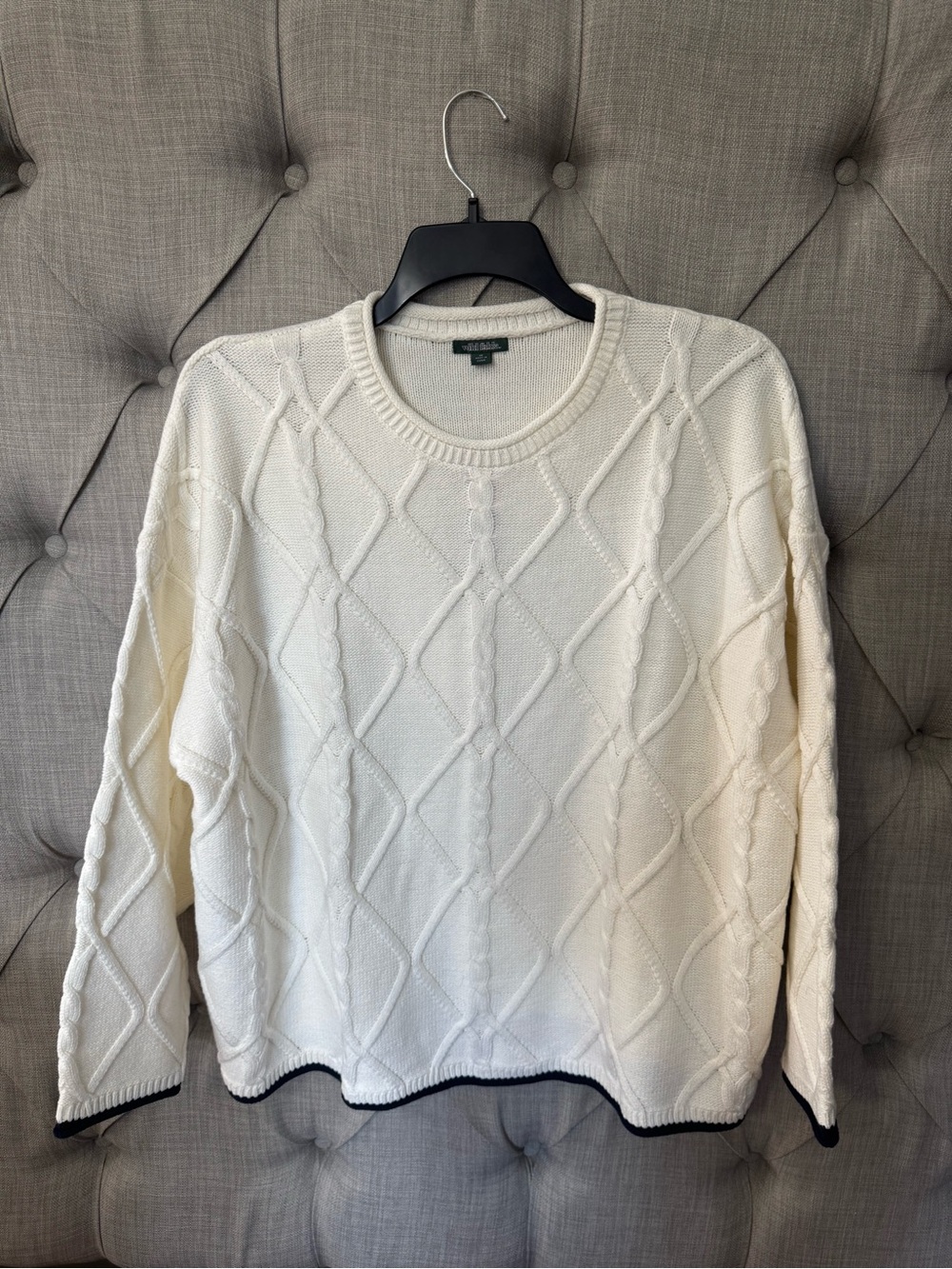 wild fable Ivory Cable-Knit Crewneck Sweater with Dark Navy Trim